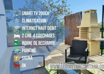 Smart tv 200 chaines, climatisation, internet haut debit, 2 chambres 4 couchages, borne de recharge, parking, sauna, animaux autorisés Cottage Syrah location Tarn