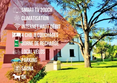 Smart TV 200 chaines, climatisation, internet haut debit, 4 chambres 8 couchages, borne de recharge, local velos, parking, sauna, animaux autorises Duo Vigne Rouge et Primeur