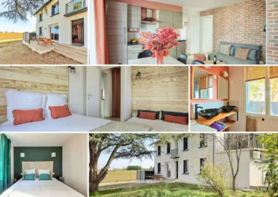 Terrasse, salon, salle a manger, cuisine, chambre, extérieur Vigne Rouge Brens