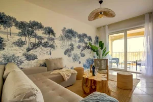 Open-plan living room with sofa bed