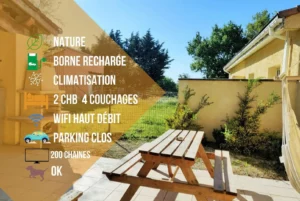 Nature, charging station, air-conditioning, 2 bedrooms, sleeps 4, high-speed wifi, enclosed parking, 200 channels, pets allowed Gite Nature Bien Etre