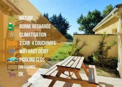 Nature, charging station, air-conditioning, 2 bedrooms, sleeps 4, high-speed wifi, enclosed parking, 200 channels, pets allowed Gite Nature Bien Etre