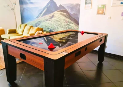 Loft Nature Bien Etre, field hockey on table and fully equipped and functional kitchen in the background vacation rental Tarn