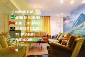 Loft information, air conditioning, electric car charging station, 4 bedrooms and 6 beds, table field hockey game, high-speed wifi, free outdoor parking, heated swimming pool, TV +200 channels, pets allowed
