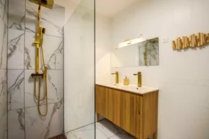 Bathroom with double sink and heated towel rail