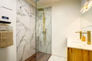Bathroom with double sink and heated towel rail