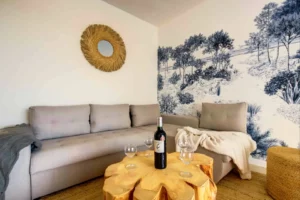 Open-plan living room with sofa bed