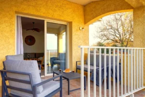 Terrace with garden furniture and outdoor dining table overlooking the countryside