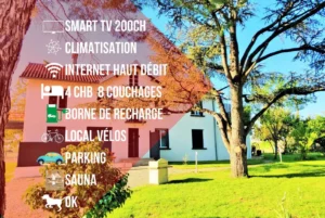 Smart TV 200 channels, air conditioning, high-speed internet, 4 bedrooms 8 beds, charging station, bike room, parking, sauna, pets allowed Duo Vigne Rouge et Primeur
